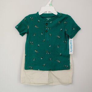 Carter’s Baby Boys Outfit Set 18M – Green Ribbed Dino Shirt & Khaki Shorts NWT